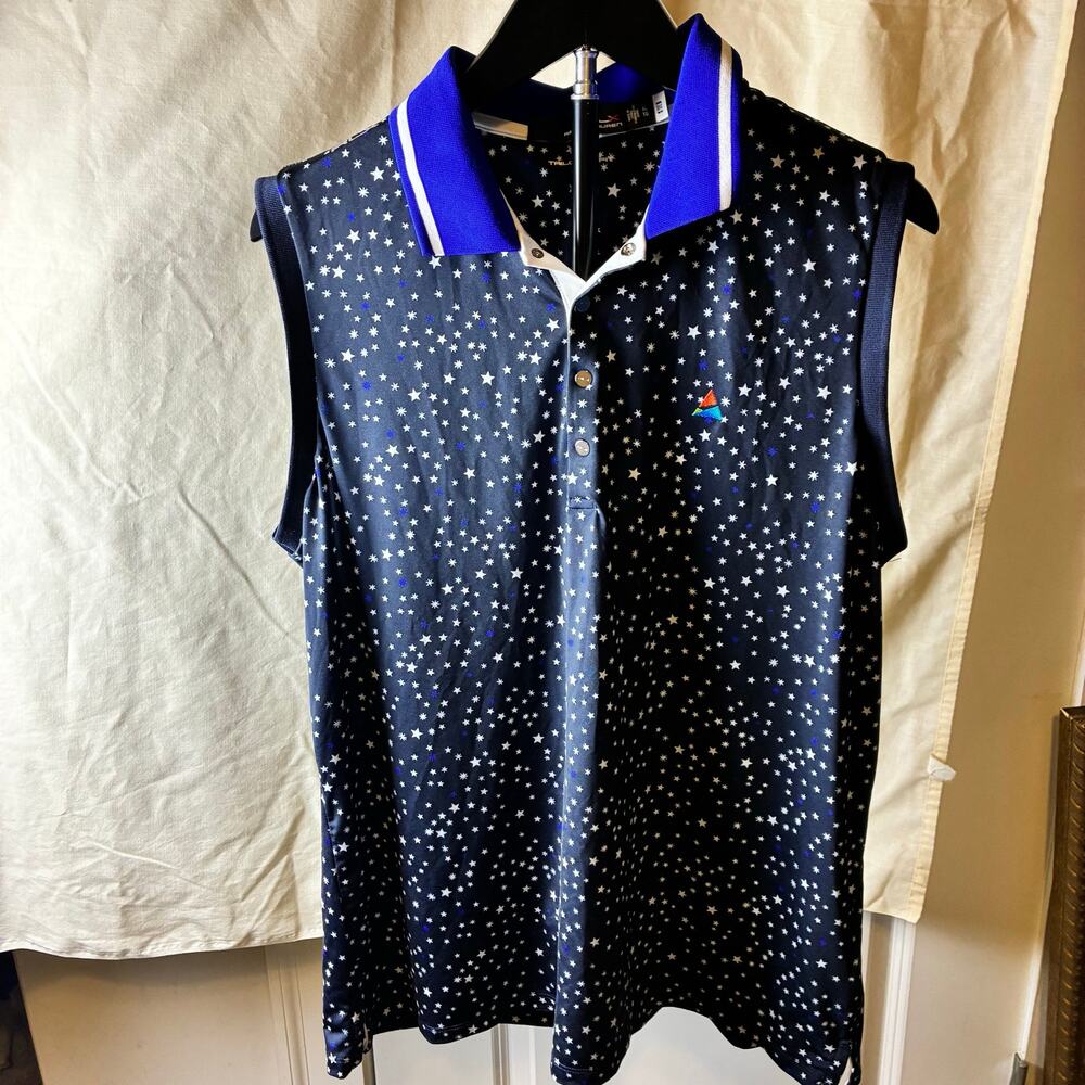 RLX Ralph Lauren Womens XL Sleeveless Golf Polo Star Print Tailored Fit Navy